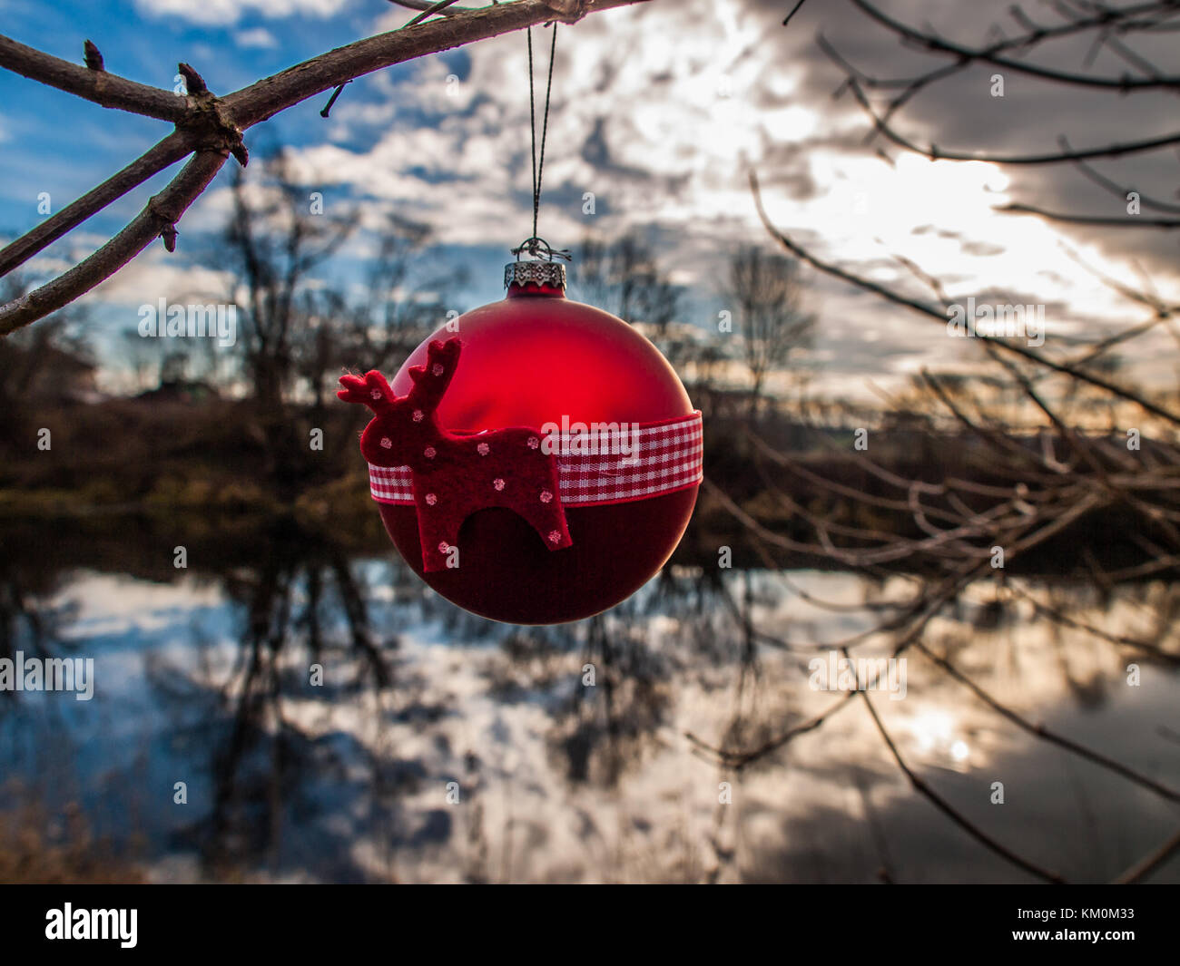 Christmas Bulb hanging outdoor before a lake Stock Photo Alamy