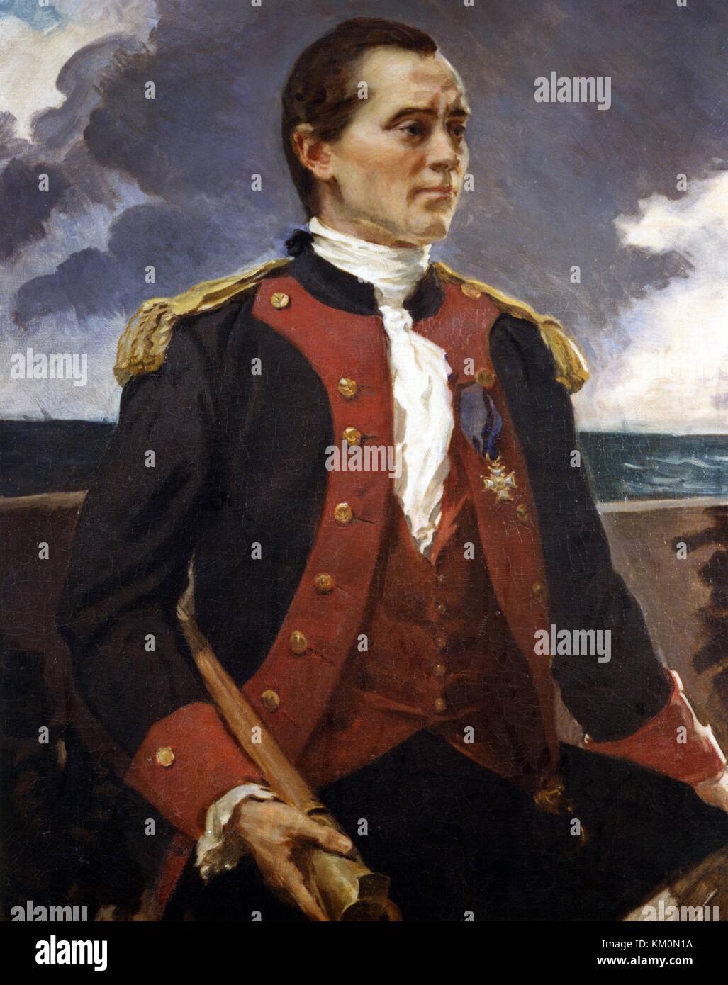 Oil painting of Captain John Paul Jones, Continental Navy, (1747-1792) by artist Cecilia Beaux. Portrait  (1855-1942), 1906. The original painting is in the U.S. Naval Academy Museum, Annapolis, Maryland. Jones was a famed naval commander during the American Revolutionary War and is known as the 'Father of the American Navy'. Stock Photo