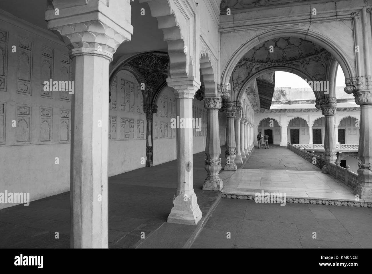 AGRA, INDIA MARCH 17, 2016 Black and white picture of the decoration, arches and columns of