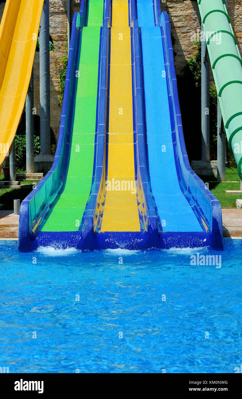 Colorful water slides at the water park Stock Photo