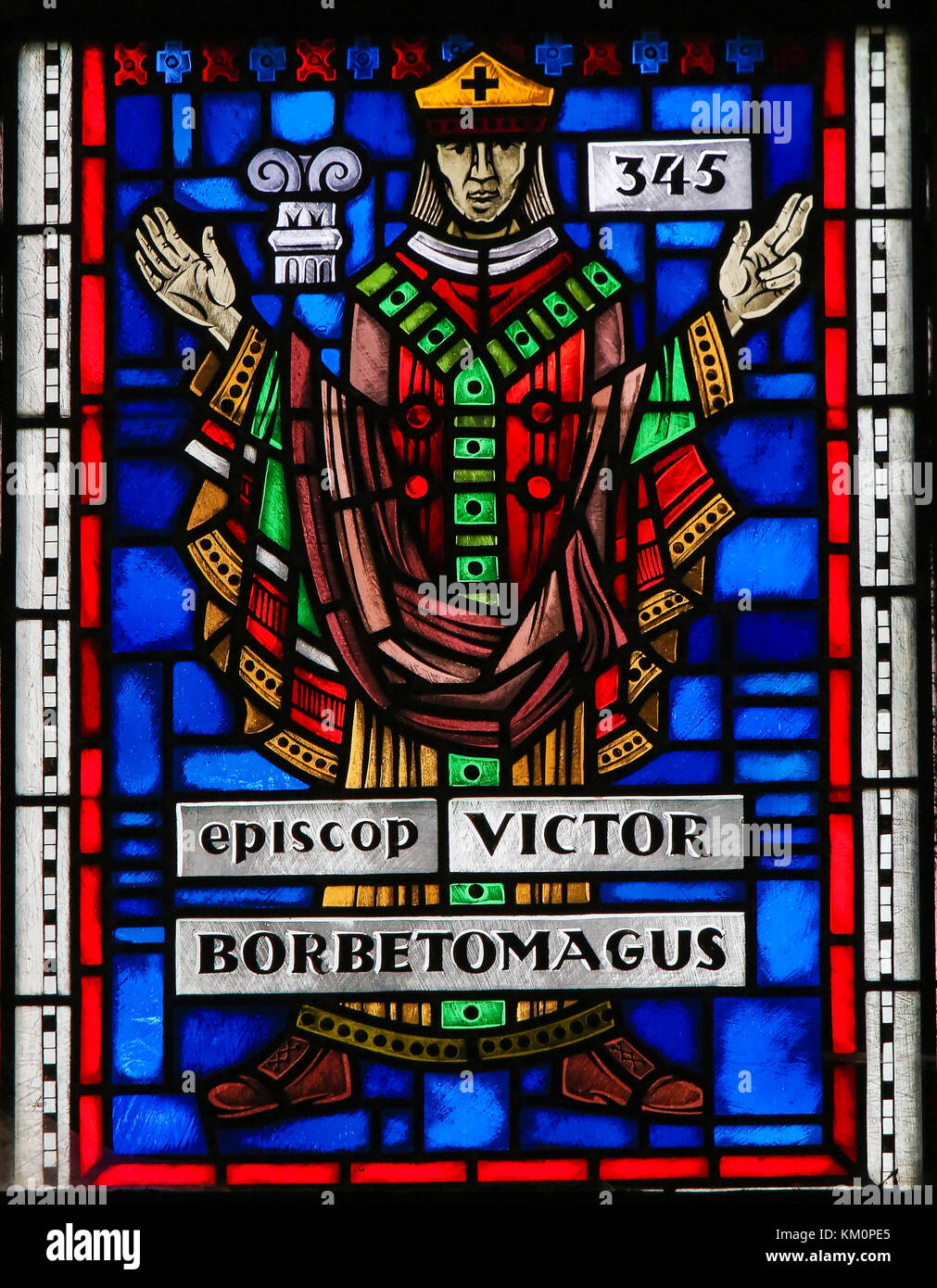 Stained Glass in Wormser Dom in Worms, Germany, depicting Victor, Bishop of Worms in 345. Stock Photo