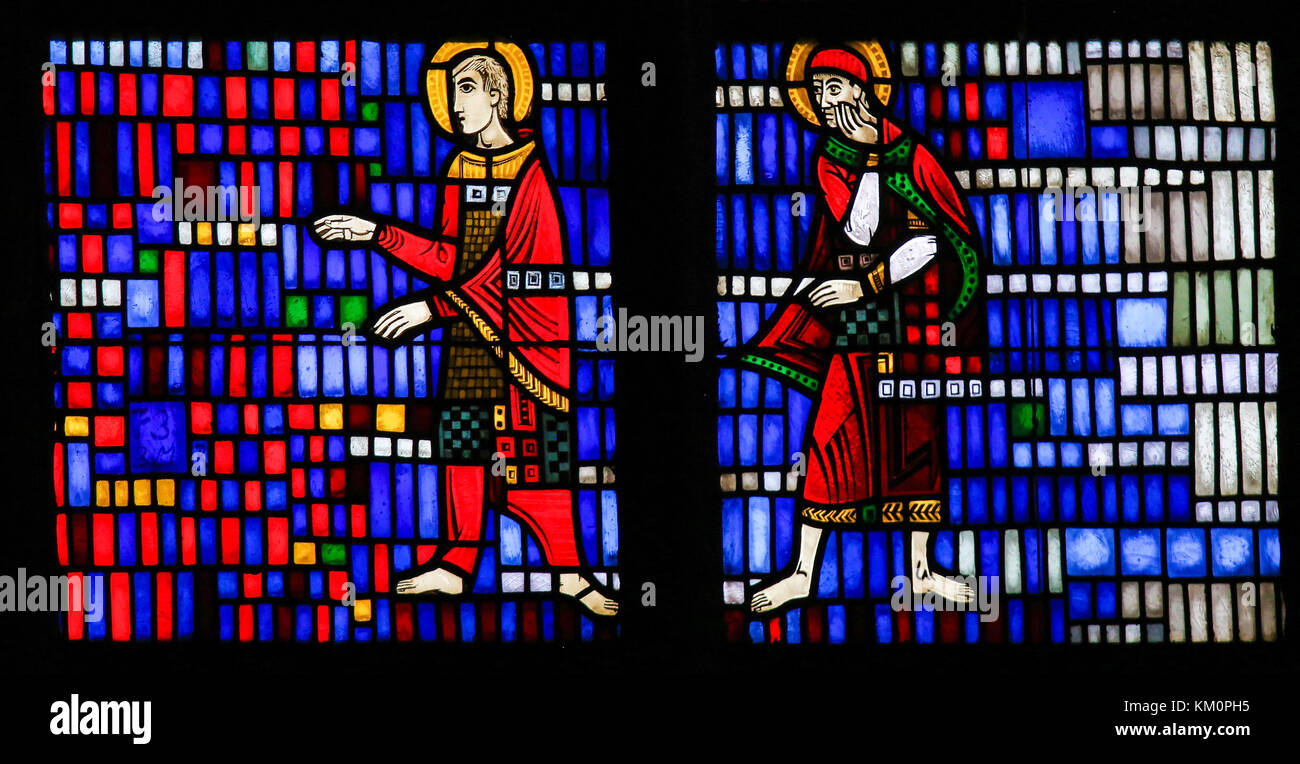 Stained Glass in Wormser Dom in Worms, Germany, depicting Two Catholic Saints Stock Photo