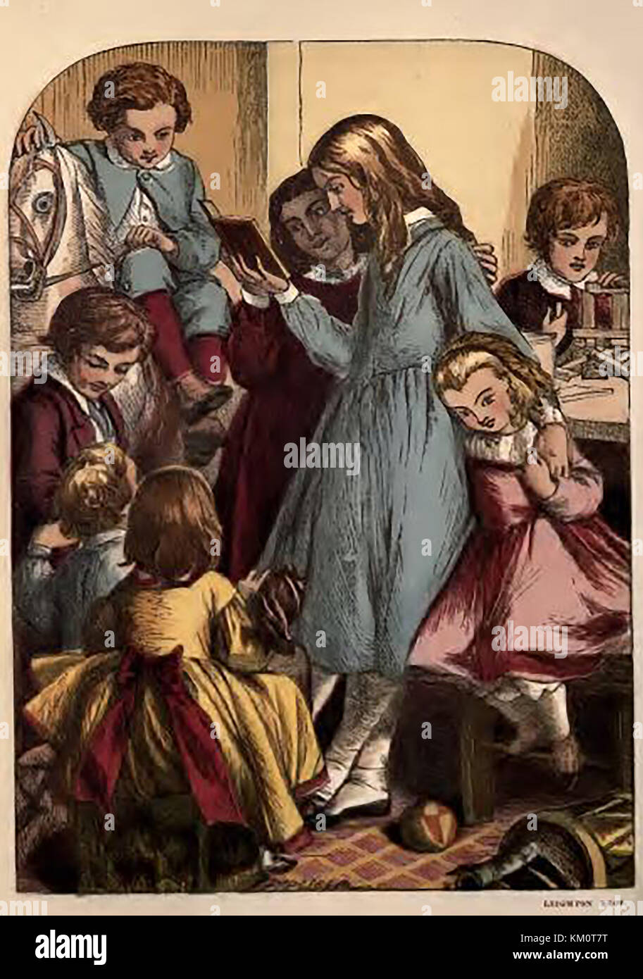 An historic  coloured Victorian children's ABC book illustration - Victorian children gathered around their mother or nanny Stock Photo