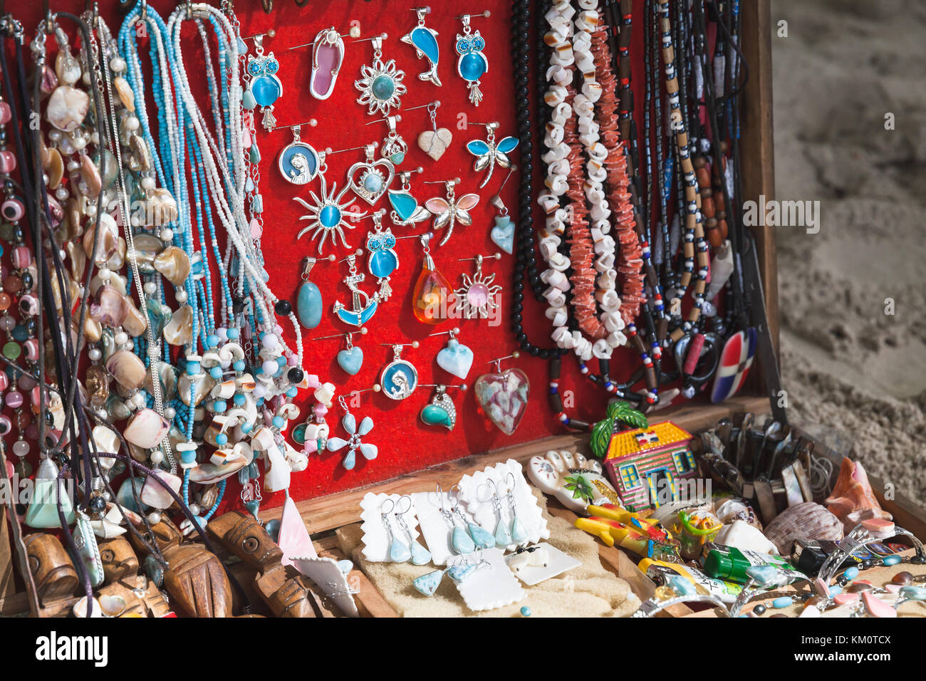 Saona island, Dominican Republic - January 7, 2017: Assortment of traditional Dominican jewelry is on portable counter Stock Photo