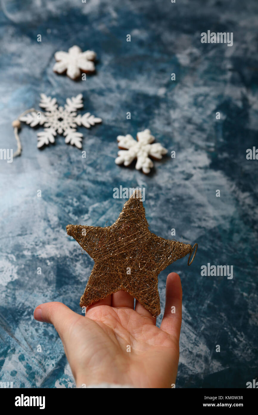 Blue christmas background and golden star Stock Photo - Alamy