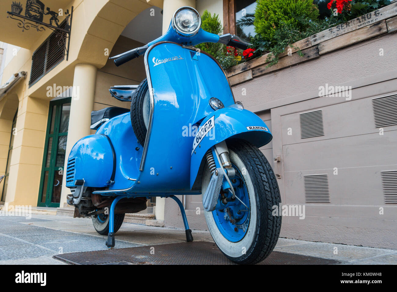 Classic blue Vespa 150 super parked in Spanish street Stock Photo