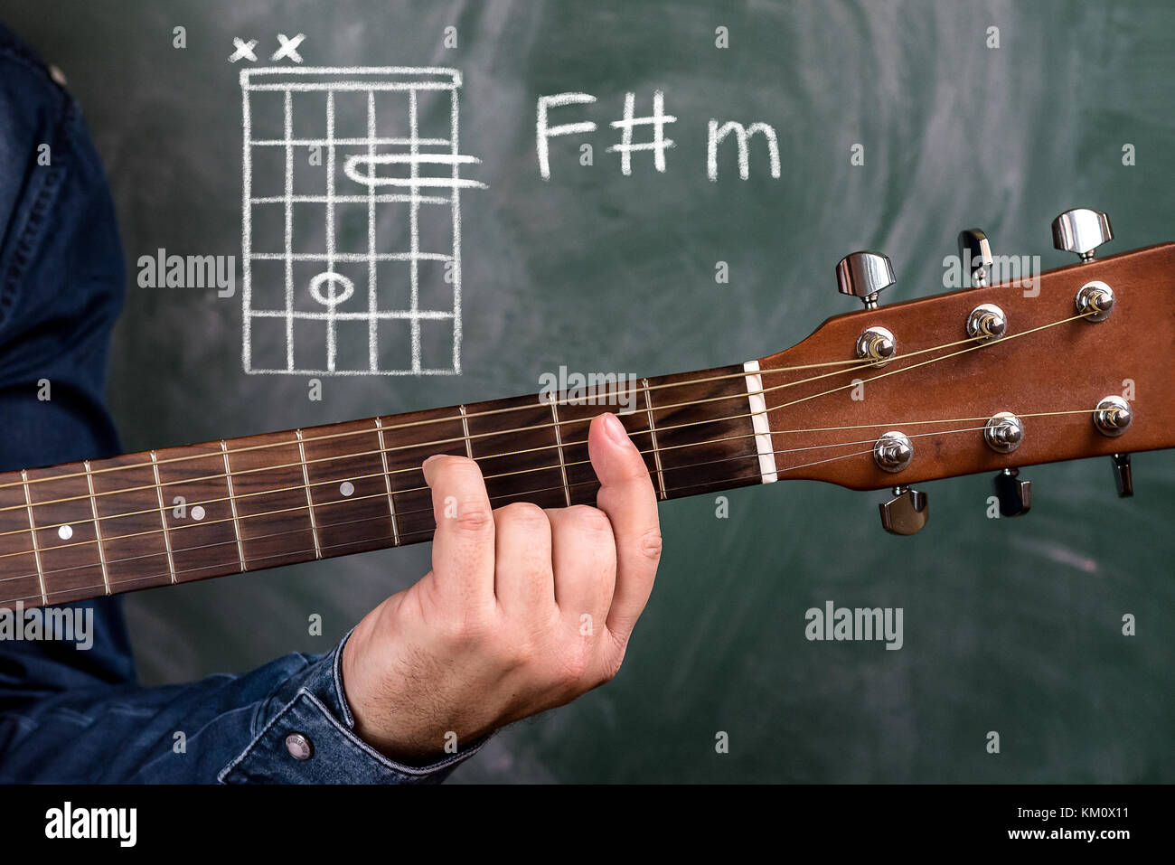 Man in a blue denim shirt playing guitar chords displayed on a blackboard,  Chord F Sharp m Stock Photo - Alamy