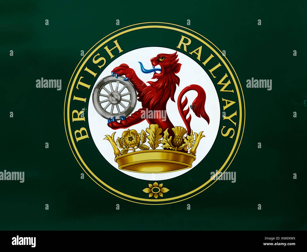Logo of the former British Railways, 1948 - 1997 on the green background of an ex Southern Railway coach on display at the NRM Shildon UK Stock Photo