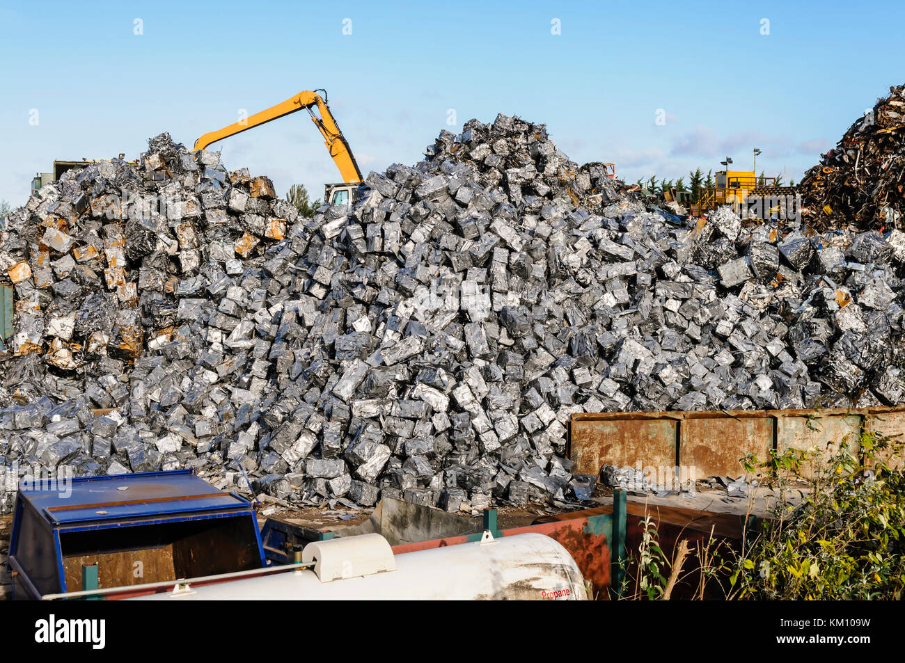 Scrap metal cubes in a scrap yard Stock Photo