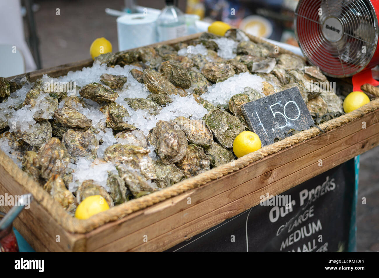 Fresh Oyster stall in Greenwich Market, London (UK). Landscape format