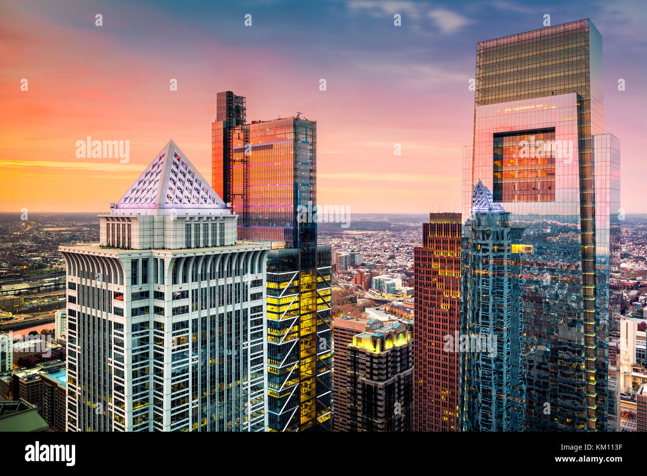 Philadelphia aerial with downtown skyscrapers at sunset. Stock Photo