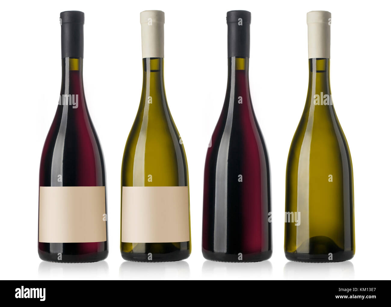 two red and white wine bottles with blank labels, render Stock Photo