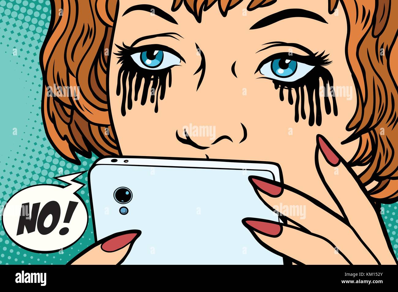 The woman was crying, mascara running. Phone message bad Stock Vector