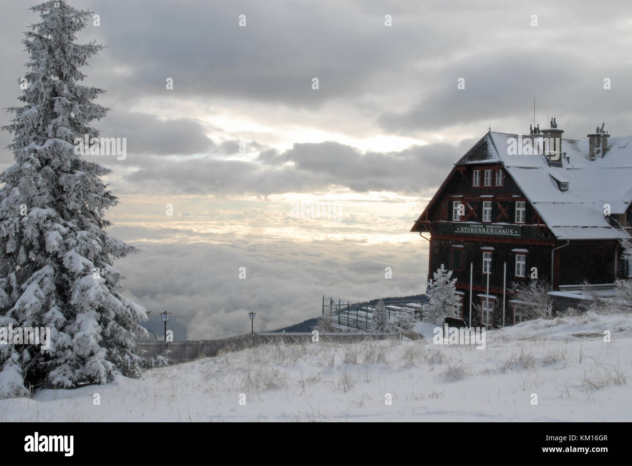 Stubenberghaus on top of mountain Schöckl, Austria, in winter Stock Photo