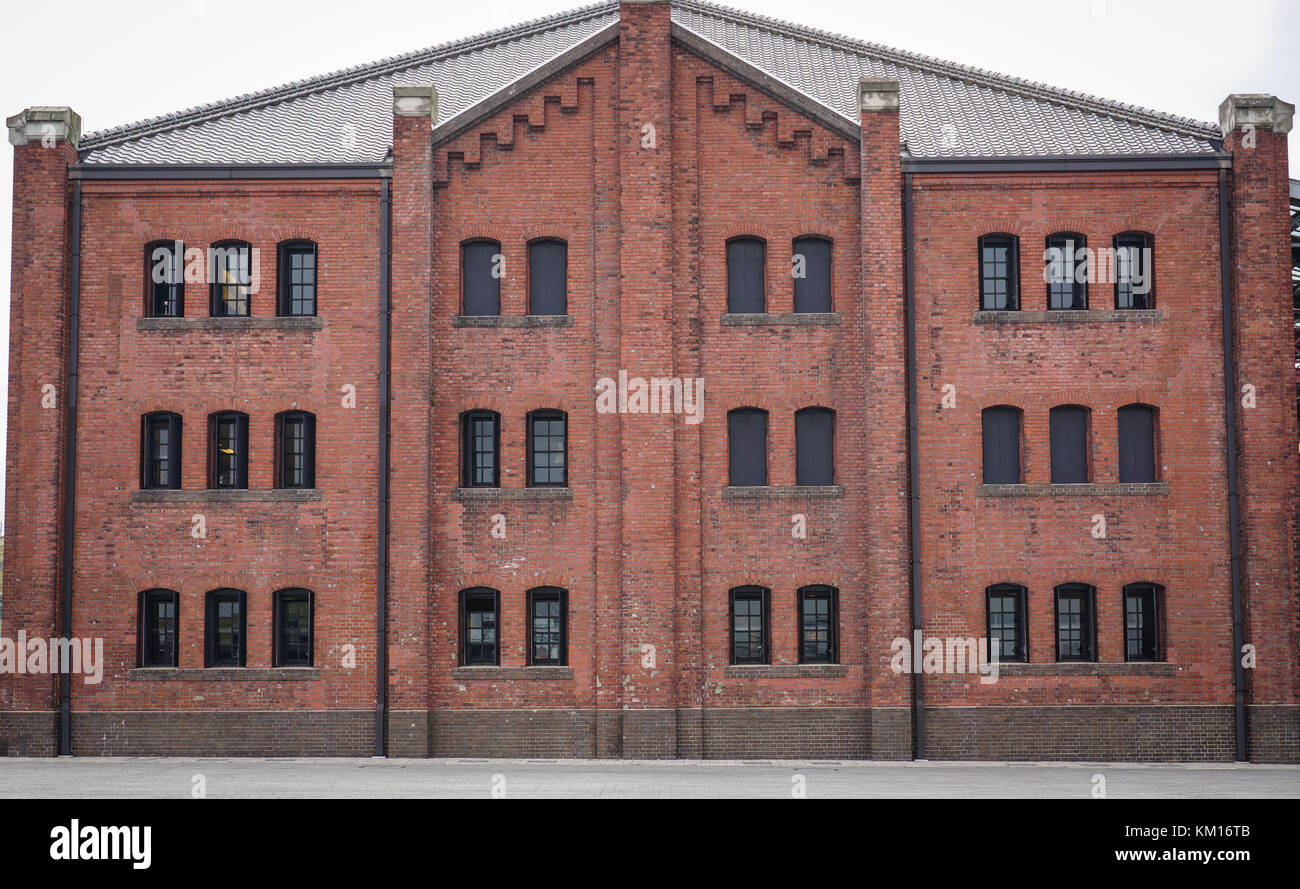 Details of red brick warehouse in Yokohama, Japan. The warehouse is a ...