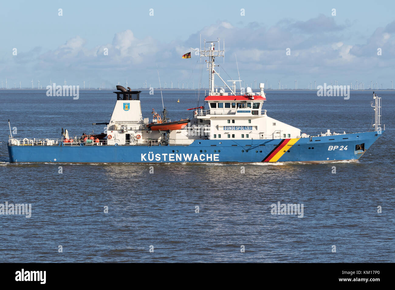 German Federal Police boat BP24 BAD BRAMSTEDT on the river Elbe. The Kustenwache is an association of several federal agencies. Stock Photo