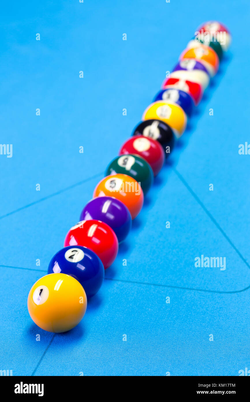 Billiard pool game balls lined up on billiard table with blue cloth