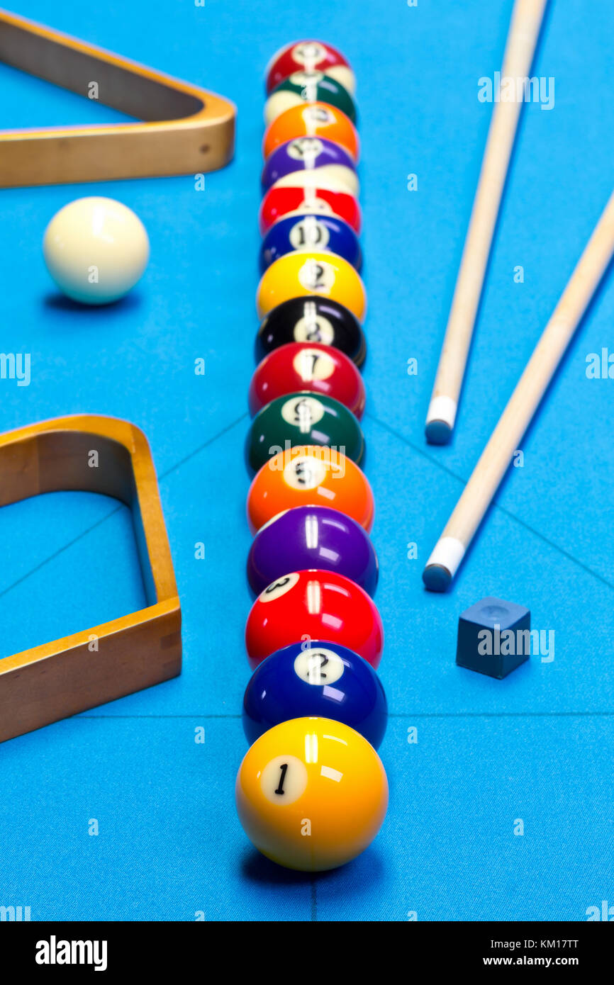 Billiard pool game balls lined up on billiard table with blue cloth