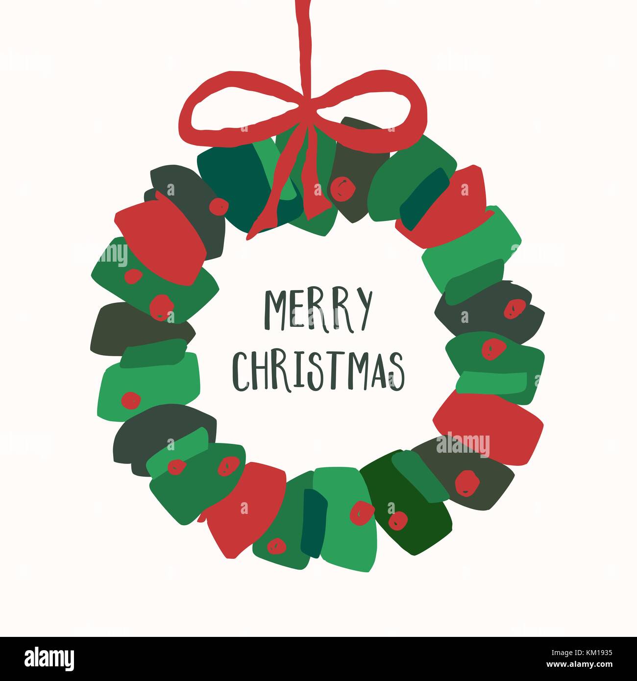 Christmas greeting card template with green and red brushstrokes wreath ...