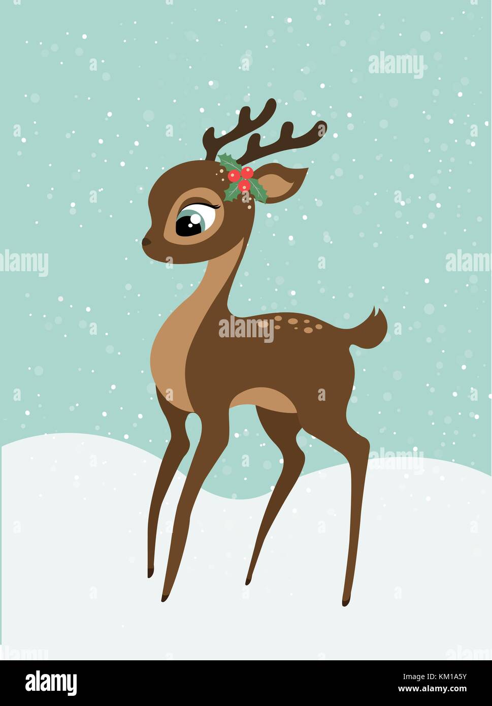 A Christmas baby deer with snowy background, a cute cartoon characte Stock Vector
