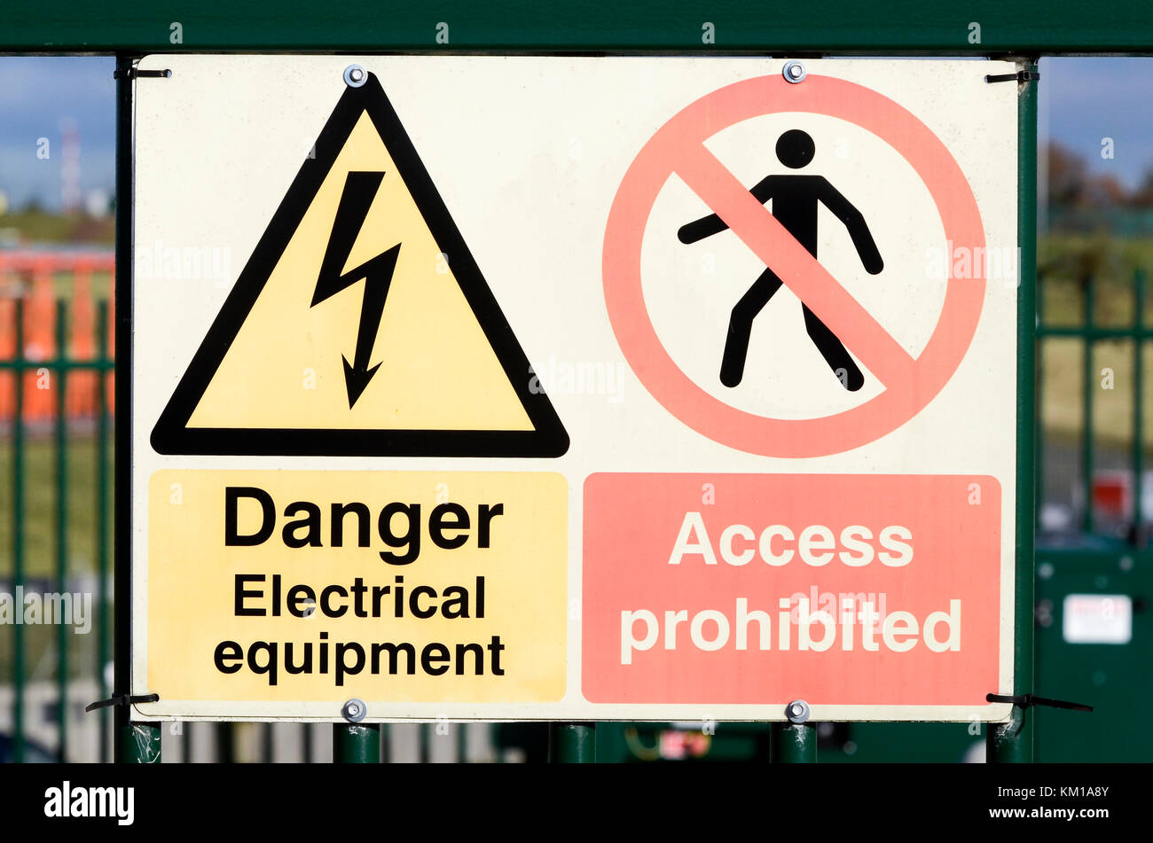Danger Electrical Equipment Access Prohibited since on countryside fence near electricity sub-station, West Midlands, UK. Stock Photo