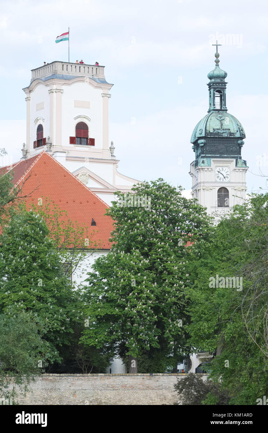 Castle and Episcopal Cathedral Tower Landmark in Gyor City Closeup Stock Photo