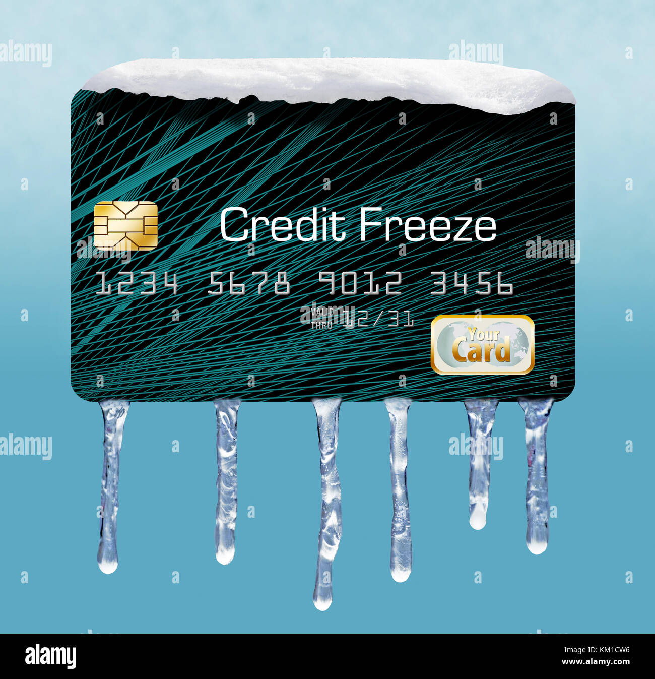 Credit cards with icicles and snow on them represent a freeze placed on