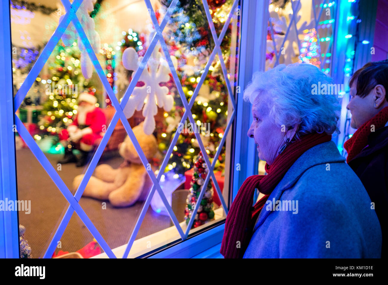 Christmas scene, decorations, elderly woman, grey hair, looking inside Santa Claus house set through a Christmas decorated window, London, Canada Stock Photo
