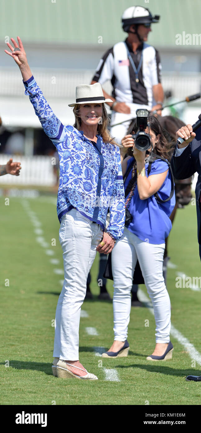 WELLINGTON, FL - APRIL 24: Actress Bo Derek does the coin toss and hosts prior to Orchard Hill defeating Dubai in the U.S. Polo Open Championship held at the International Polo Club Palm Beach. Bo Derek is an American film and television actress, movie producer, and model perhaps best known for her breakthrough role in the 1979 film 10 on April 24, 2016 in Wellington, Florida.  People:  Bo Derek Stock Photo