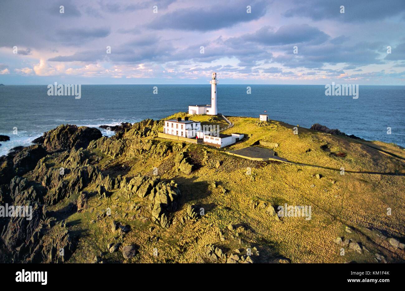 Aerial view of Inishtrahull lighthouse on Inishtrahull Island north of Malin Head, County Donegal, Ireland. Stock Photo