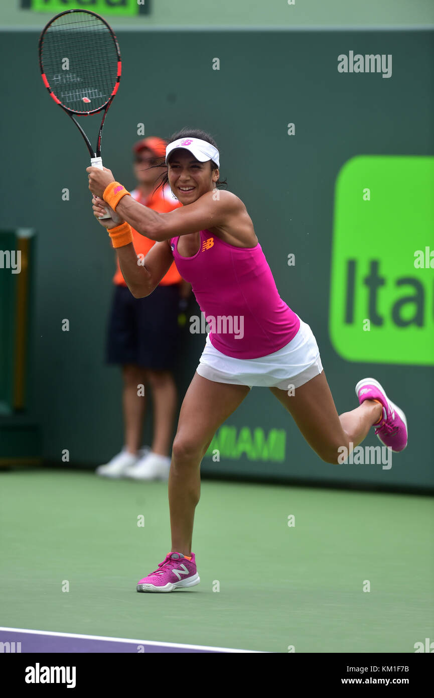 KEY BISCAYNE, FL - MARCH 24: Heather Watson of Great Britain defeats Sloane Stephens of the United States in their second round match during the Miami Open Presented by Itau at Crandon Park Tennis Center on March 24, 2016 in Key Biscayne, Florida.     People:  Heather Watson Stock Photo