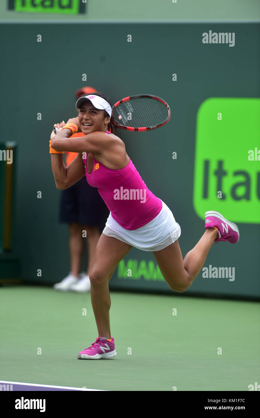 KEY BISCAYNE, FL - MARCH 24: Heather Watson of Great Britain defeats Sloane Stephens of the United States in their second round match during the Miami Open Presented by Itau at Crandon Park Tennis Center on March 24, 2016 in Key Biscayne, Florida.     People:  Heather Watson Stock Photo