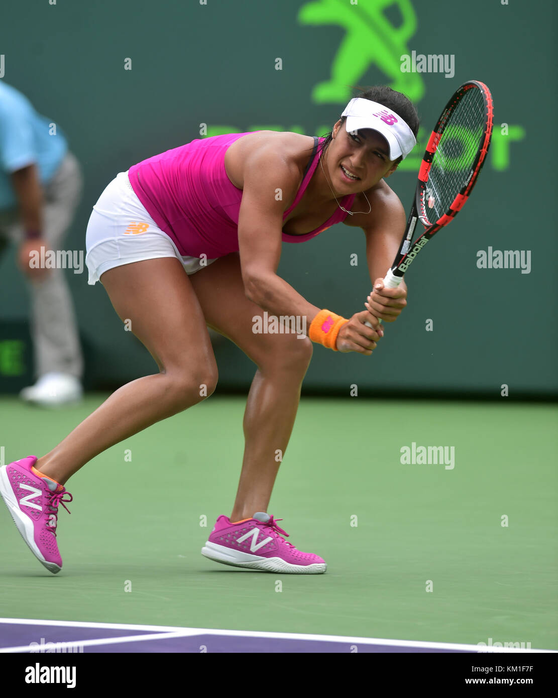 KEY BISCAYNE, FL - MARCH 24: Heather Watson of Great Britain defeats Sloane Stephens of the United States in their second round match during the Miami Open Presented by Itau at Crandon Park Tennis Center on March 24, 2016 in Key Biscayne, Florida.     People:  Heather Watson Stock Photo