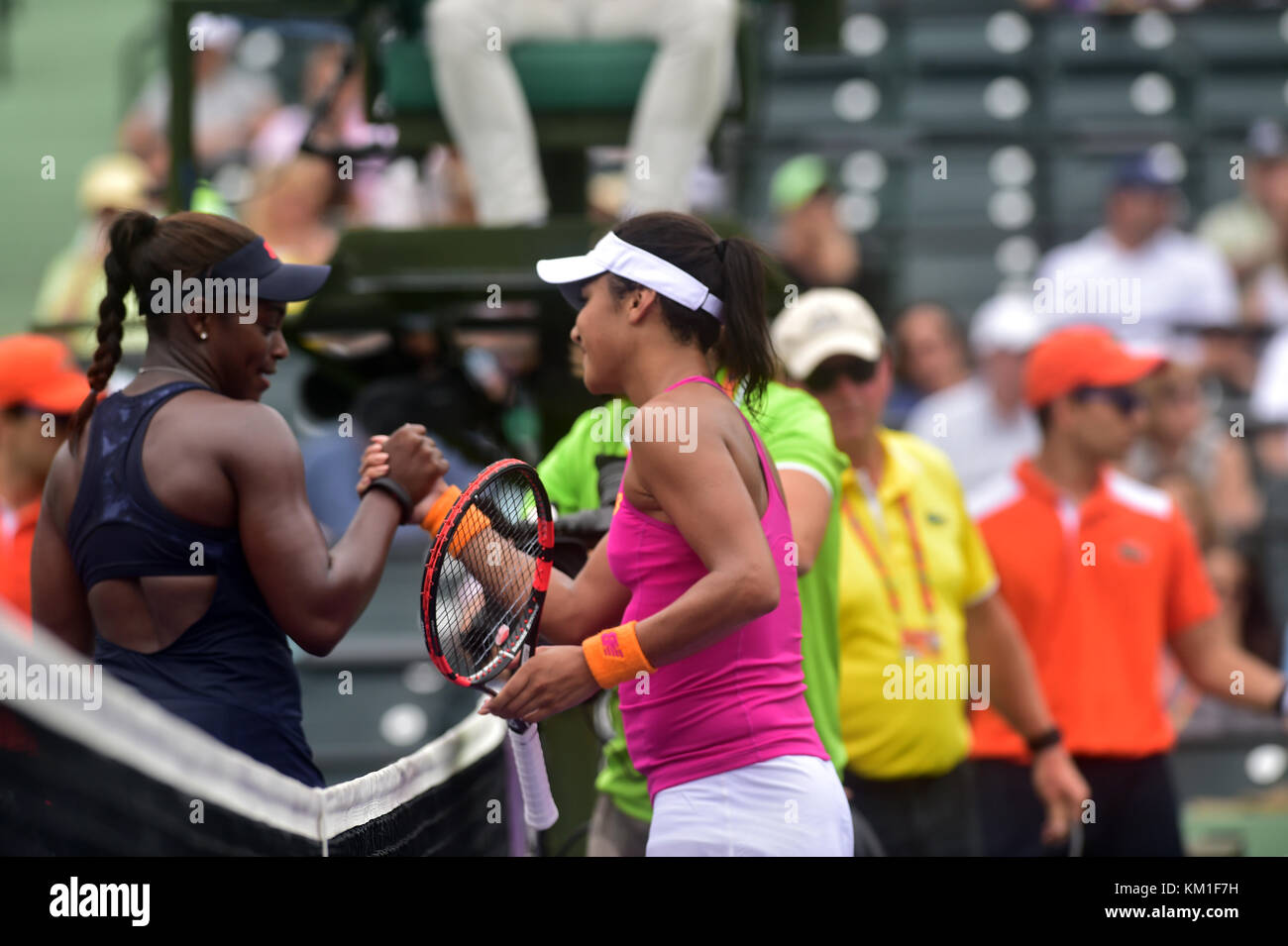 KEY BISCAYNE, FL - MARCH 24: Heather Watson of Great Britain defeats Sloane Stephens of the United States in their second round match during the Miami Open Presented by Itau at Crandon Park Tennis Center on March 24, 2016 in Key Biscayne, Florida.     People:  Heather Watson Stock Photo