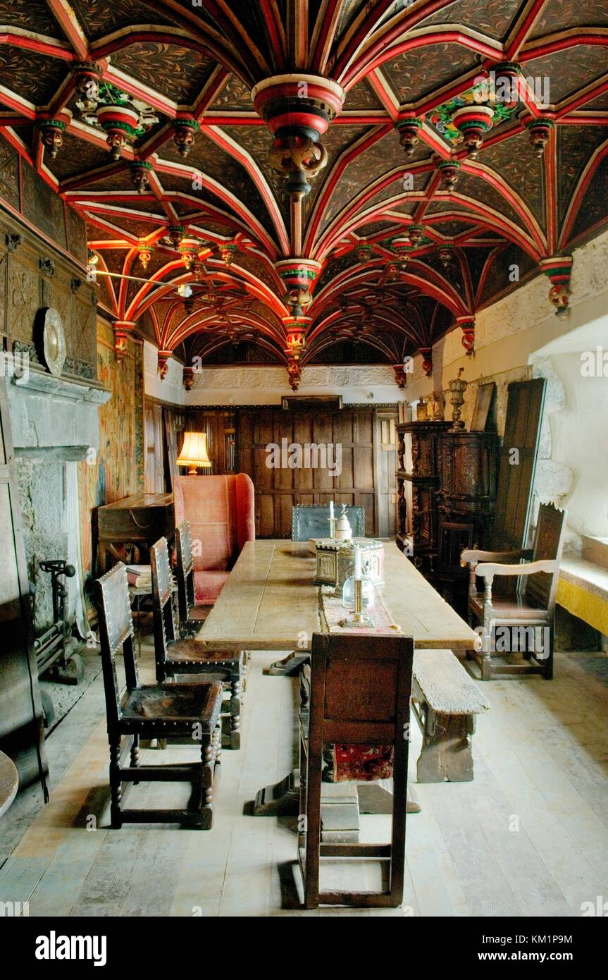 Bunratty Castle, County Clare, Ireland. The South Solar Room guest apartments showing Tudor style ceiling. Stock Photo