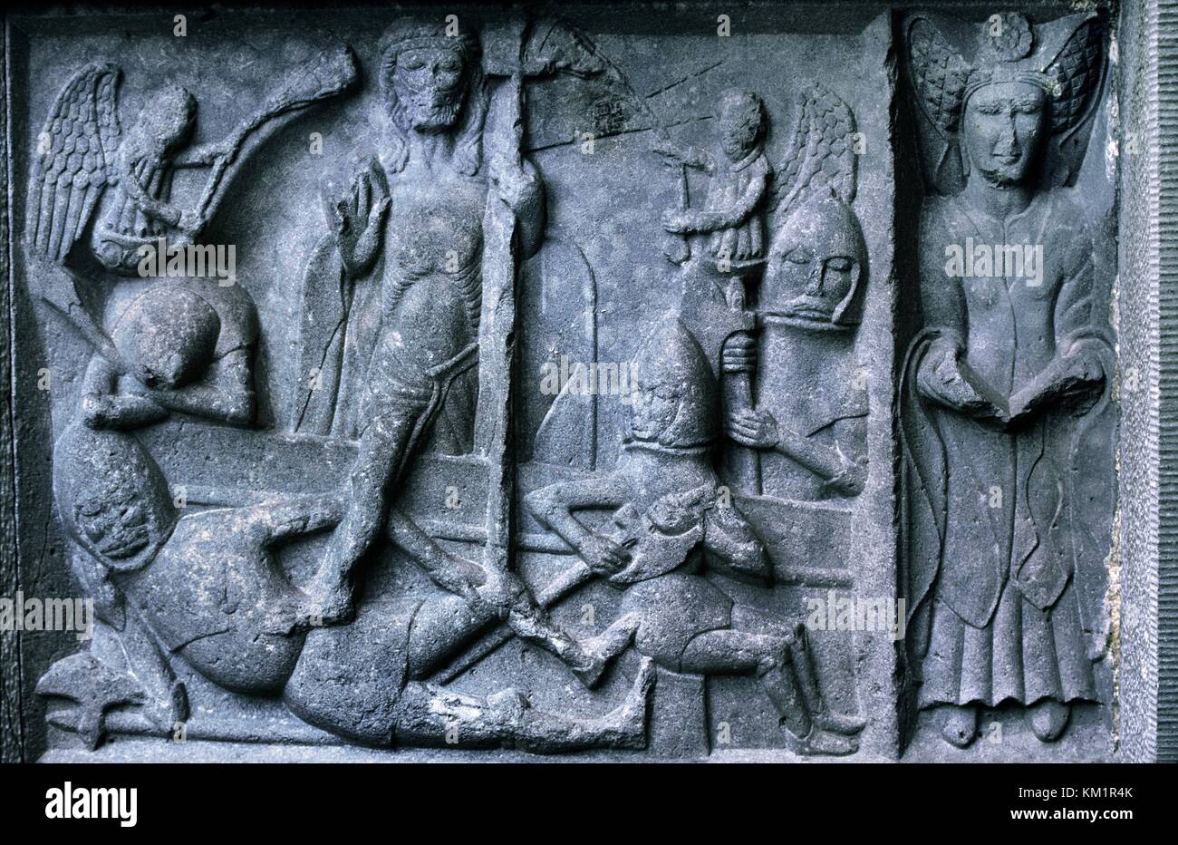 Panel of 15thC MacMahon tomb, Ennis Friary, Co. Clare, Ireland. Resurrection of Christ, N.B. contemporaneous swastika top centre Stock Photo