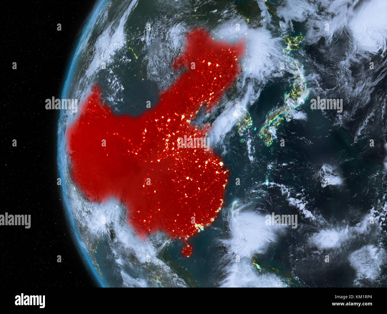 Night map of China as seen from space on planet Earth. 3D illustration. Elements of this image furnished by NASA. Stock Photo