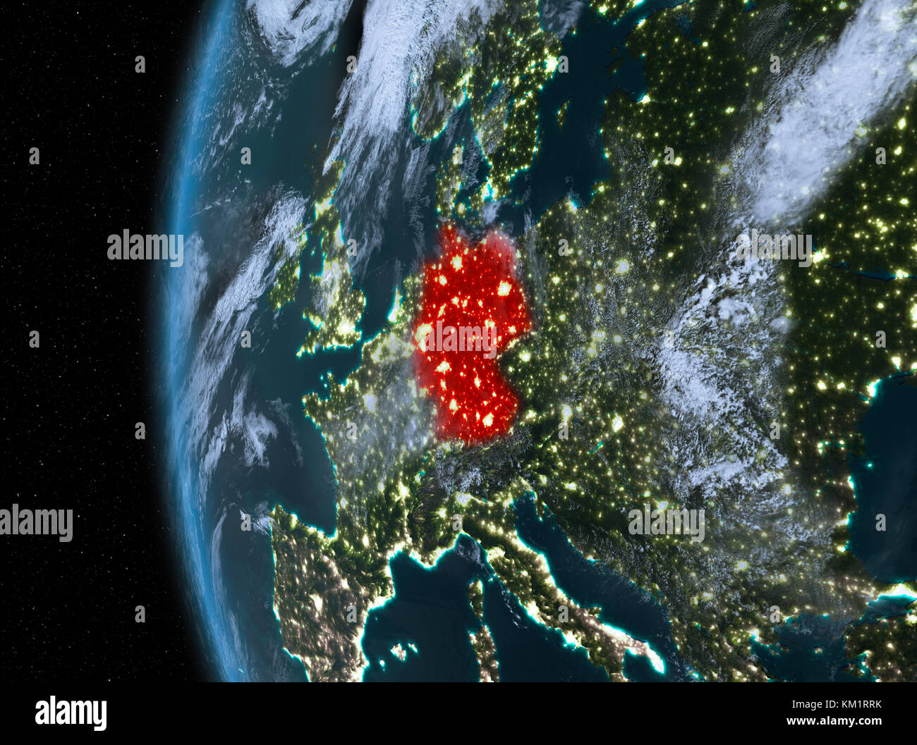 Night map of Germany as seen from space on planet Earth. 3D illustration. Elements of this image furnished by NASA. Stock Photo