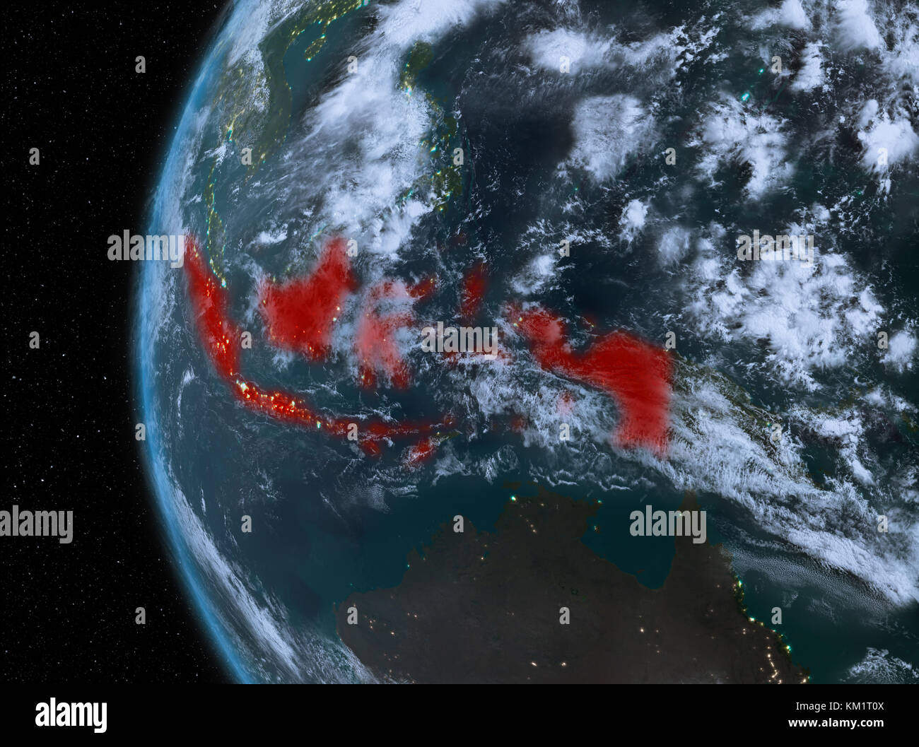 Night map of Indonesia as seen from space on planet Earth. 3D illustration. Elements of this image furnished by NASA. Stock Photo