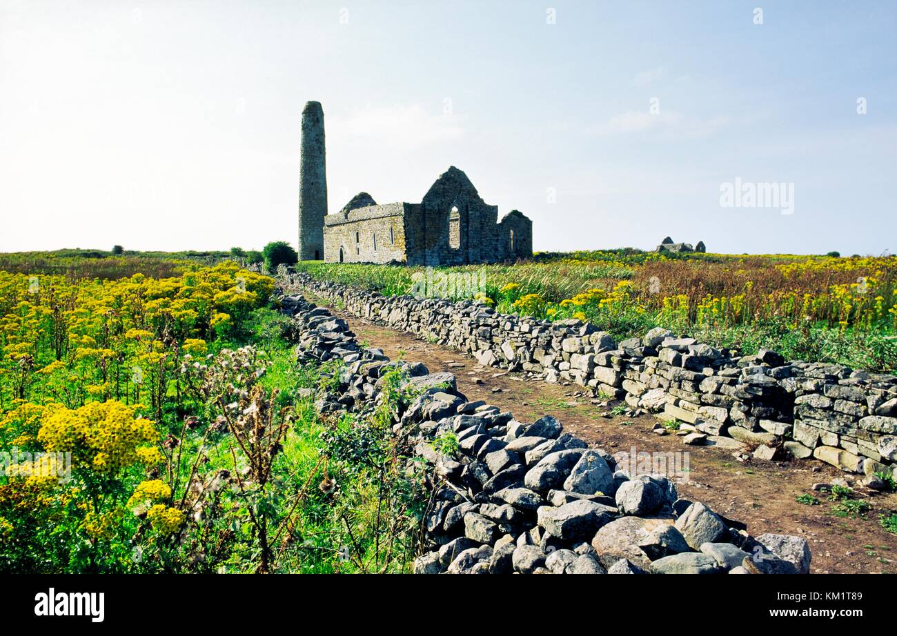 Scattery Island, County Clare, Ireland. Celtic Christian Saint Senan's Cathedral and round tower. Temple Senan in right distance Stock Photo
