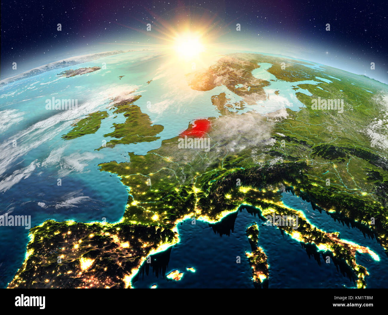 Satellite view of Netherlands highlighted in red on planet Earth with ...