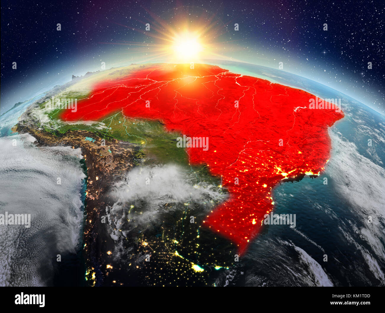 Satellite view of Brazil highlighted in red on planet Earth with clouds ...