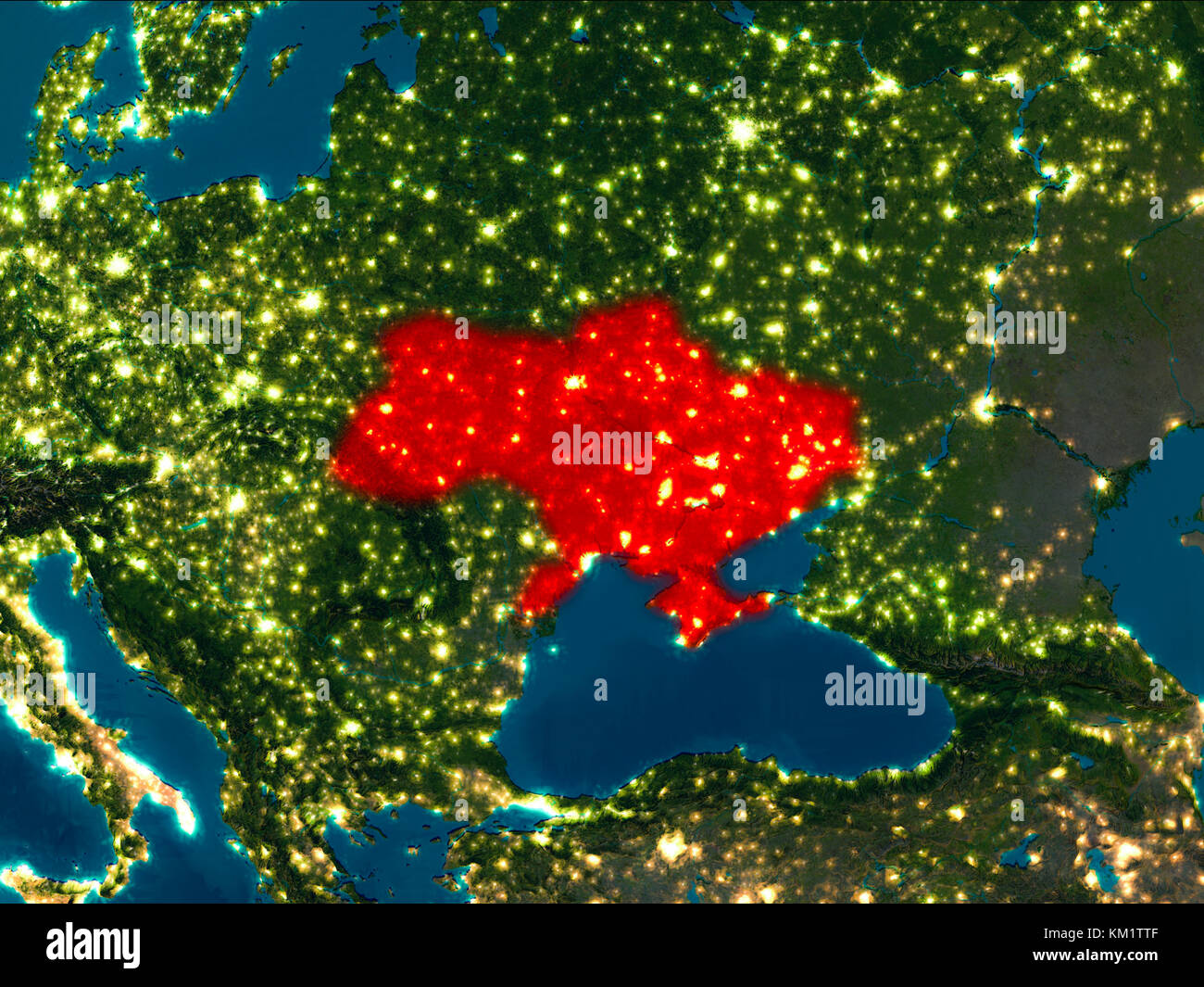 Satellite night view of Ukraine highlighted in red on Earth. 3D