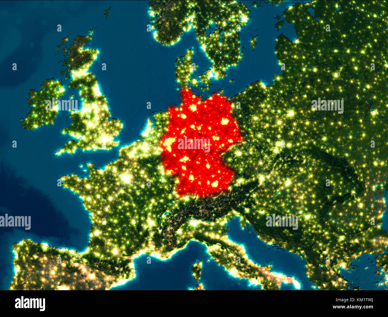 Satellite night view of Germany highlighted in red on planet Earth. 3D illustration. Elements of this image furnished by NASA. Stock Photo