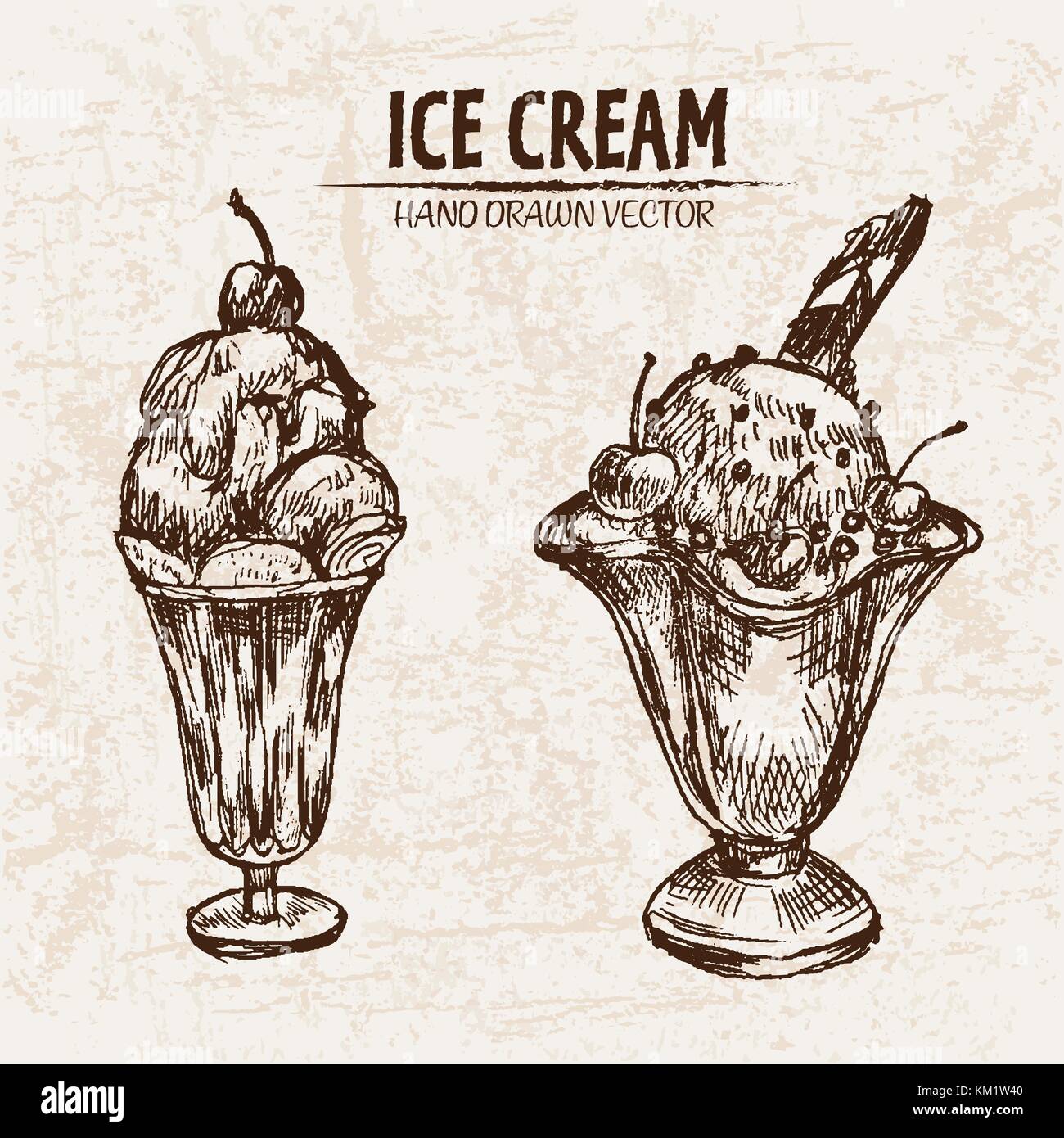 Digital Vector Detailed Line Art Sundae Ice Cream In Glass Bowls