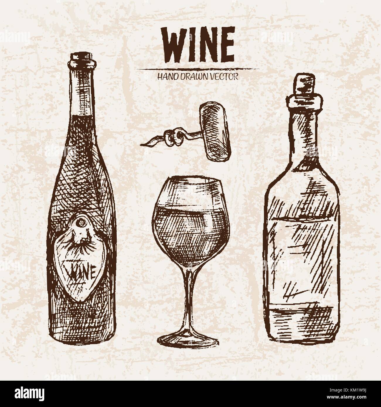 Digital vector detailed line art wine bottle, wineglass and opener ...