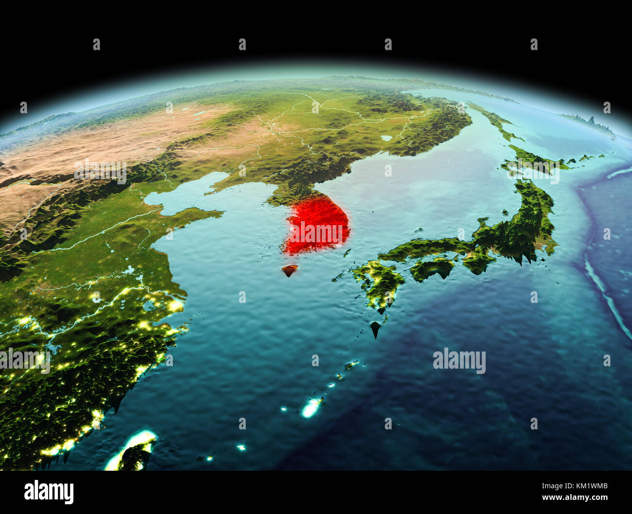 Morning above South Korea highlighted in red on model of planet Earth ...