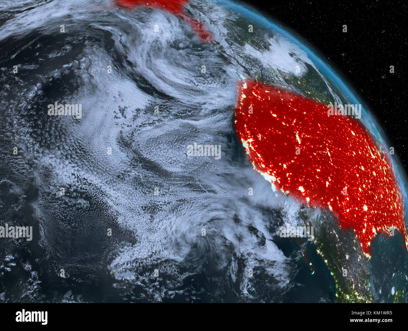 Night above USA highlighted in red on model of planet Earth in space ...
