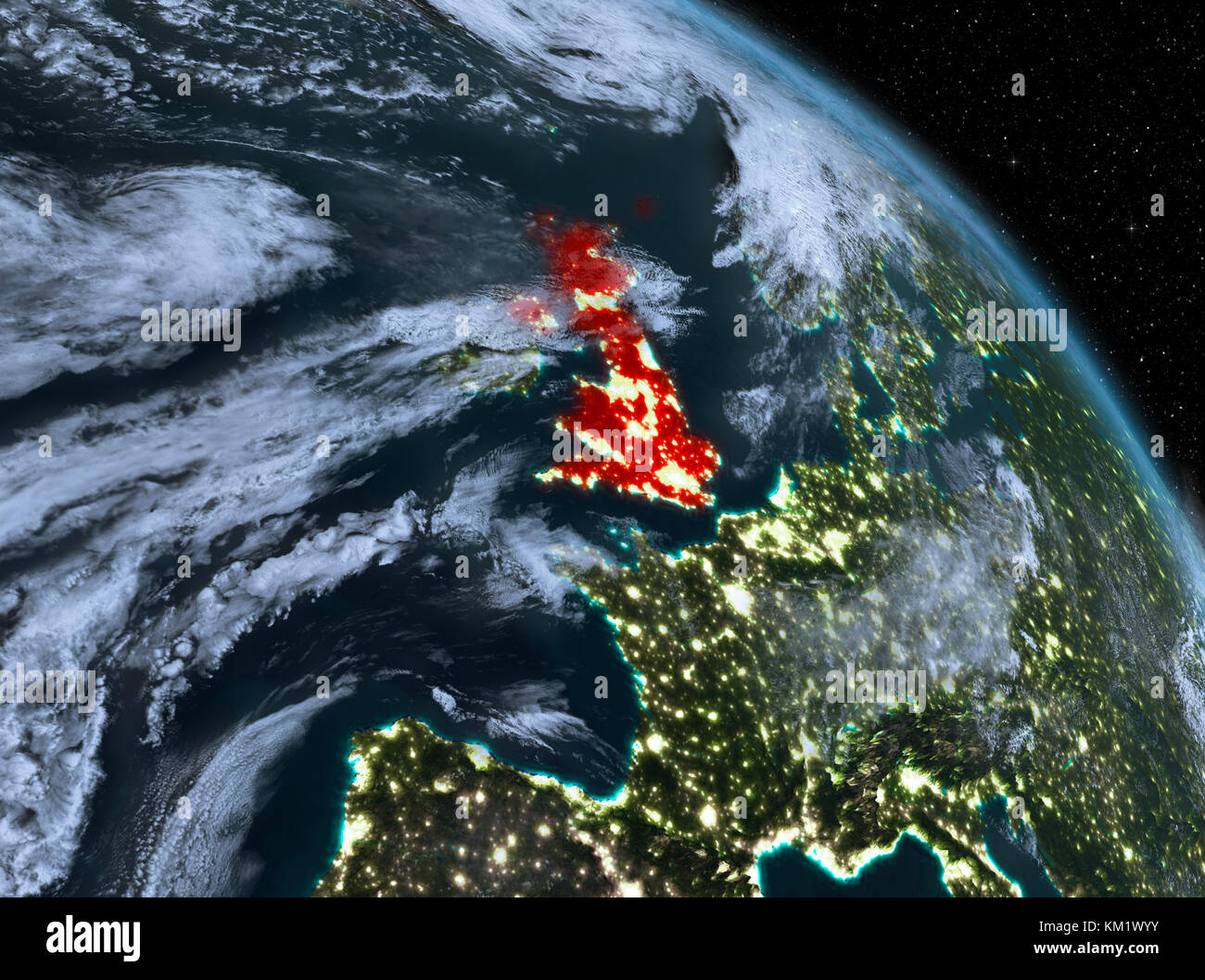 Night above United Kingdom highlighted in red on model of planet Earth ...