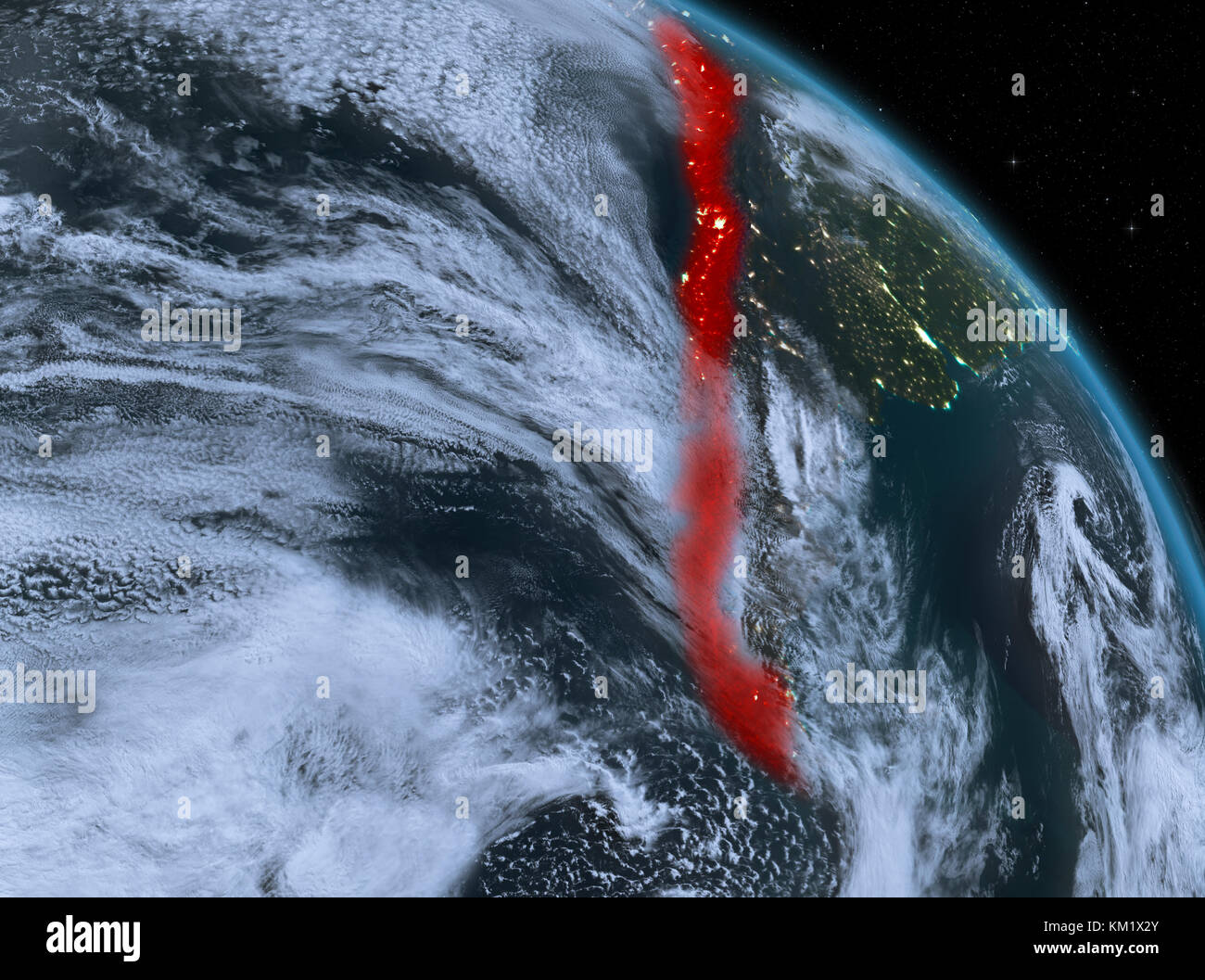 Night above Chile highlighted in red on model of planet Earth in space ...